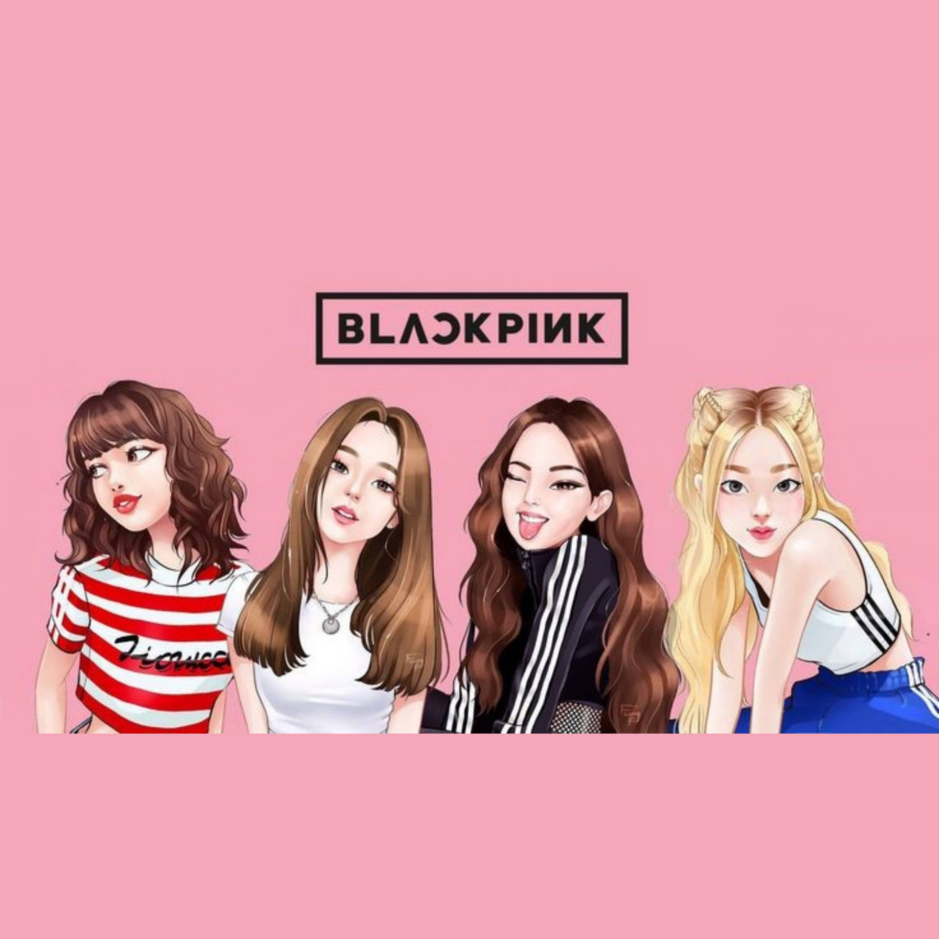 四個穿著休閒服裝的動畫女性偶像帶著頑皮的表情擺姿勢。 — K Pop 壁紙