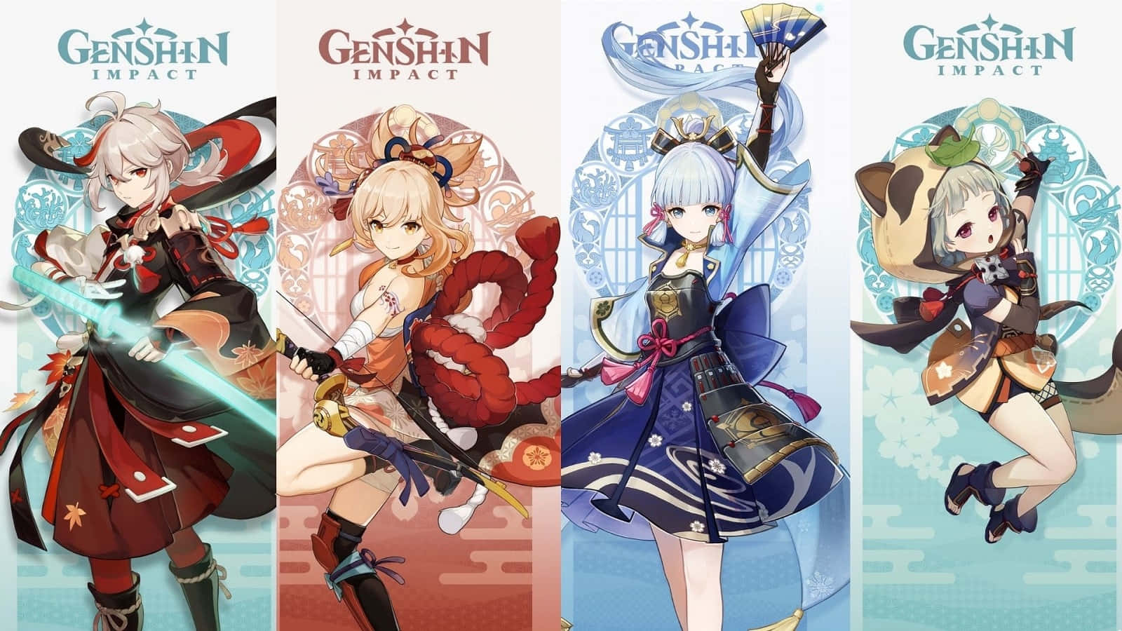 四個《原神》動漫角色穿著傳統奇幻服裝，手持武器擺姿勢。 — 雷電將軍 壁紙