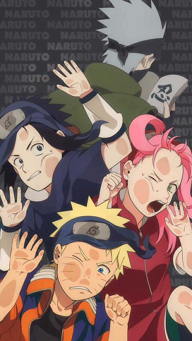  壁紙 — 四個動漫角色以動態姿勢展現堅定表情，背景為重複的「NARUTO」文字。