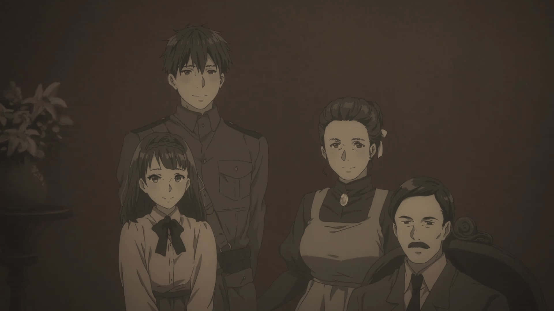 Luculia Marlborough 桌布 壁紙 — 四個身穿復古服裝的動漫角色在燈光昏暗的房間中，以柔和的土色調和軟陰影莊嚴地擺姿勢。