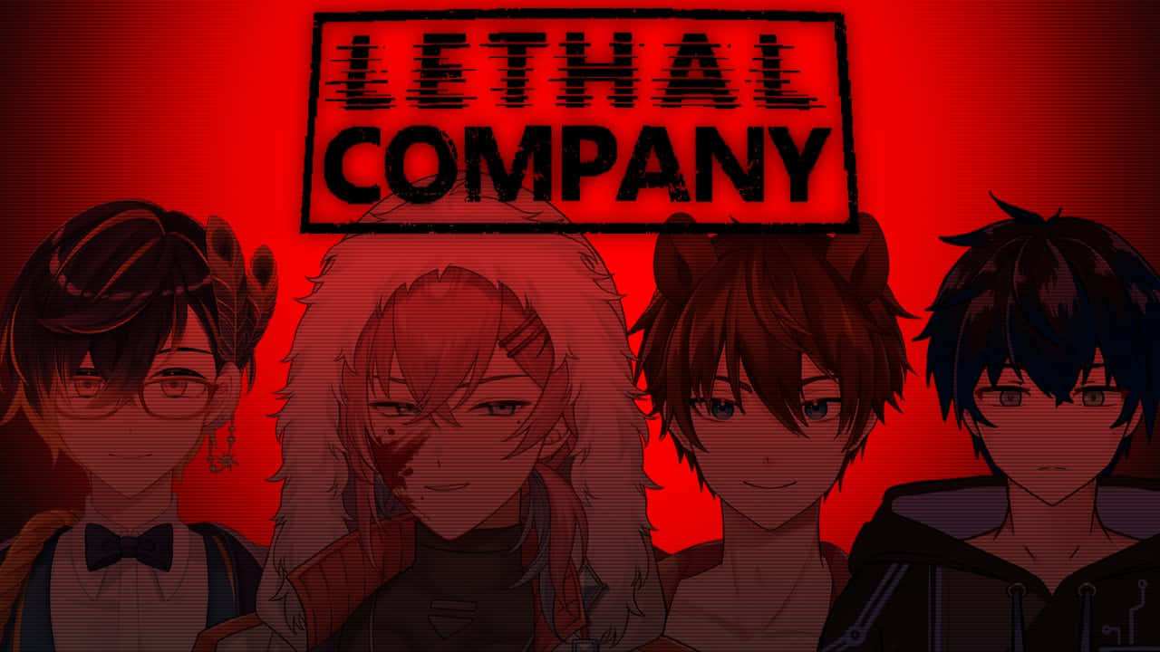  壁紙 — 四個動漫角色站在發光的紅色「LETHAL COMPANY」標誌下，背景是血紅色。
