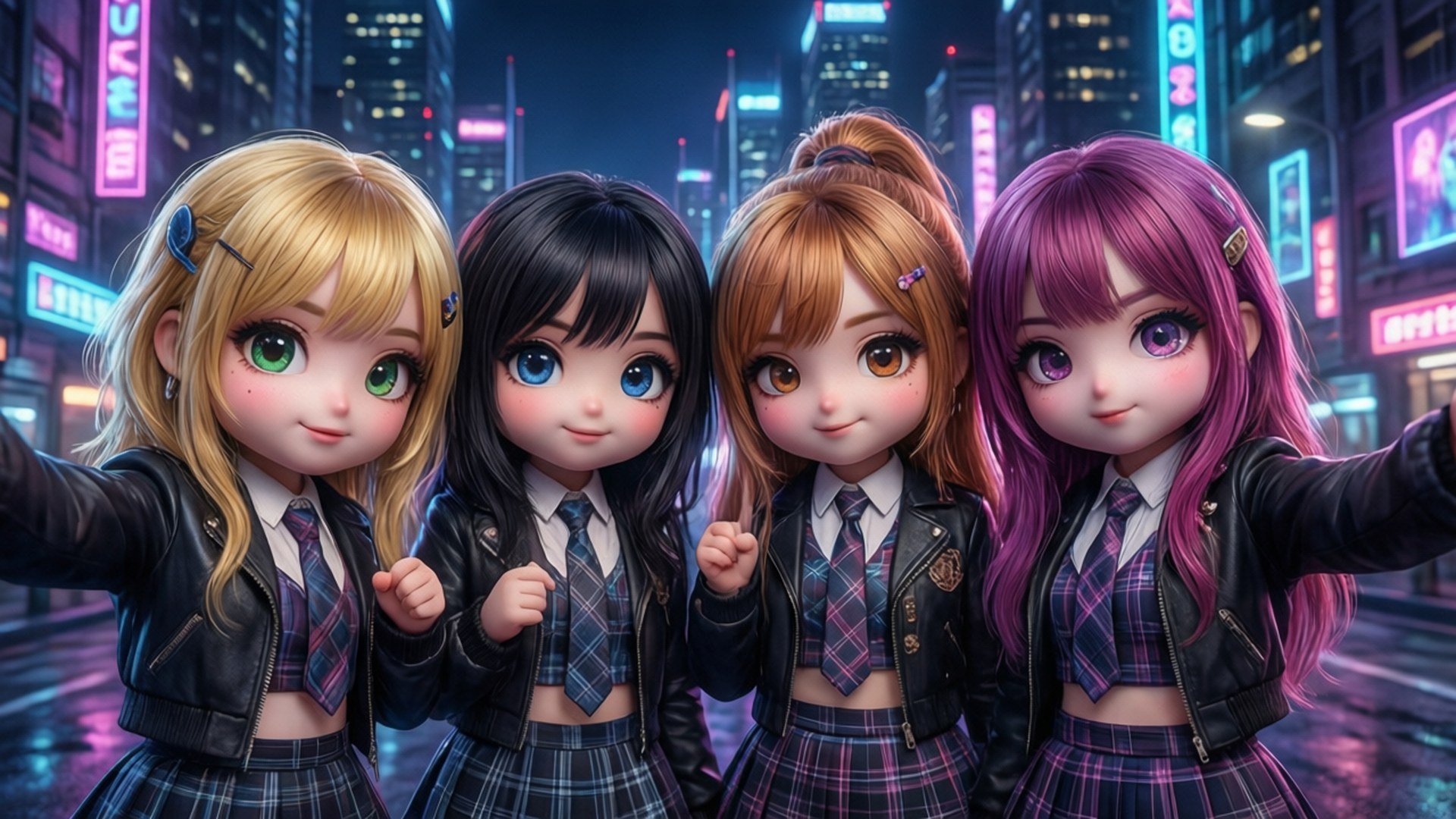 Group Selfie Night 壁紙 — 四個動漫風格的女孩子穿著相配的校服，在霓虹燈閃爍的雨夜城市街道上自拍。