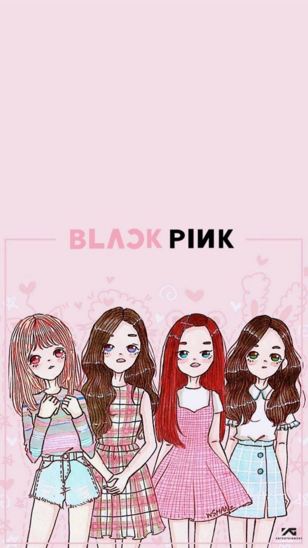 四個插畫風格的K-pop女孩穿著粉彩服裝，有心形和BLACK PINK文字。 — Blackpink 壁紙