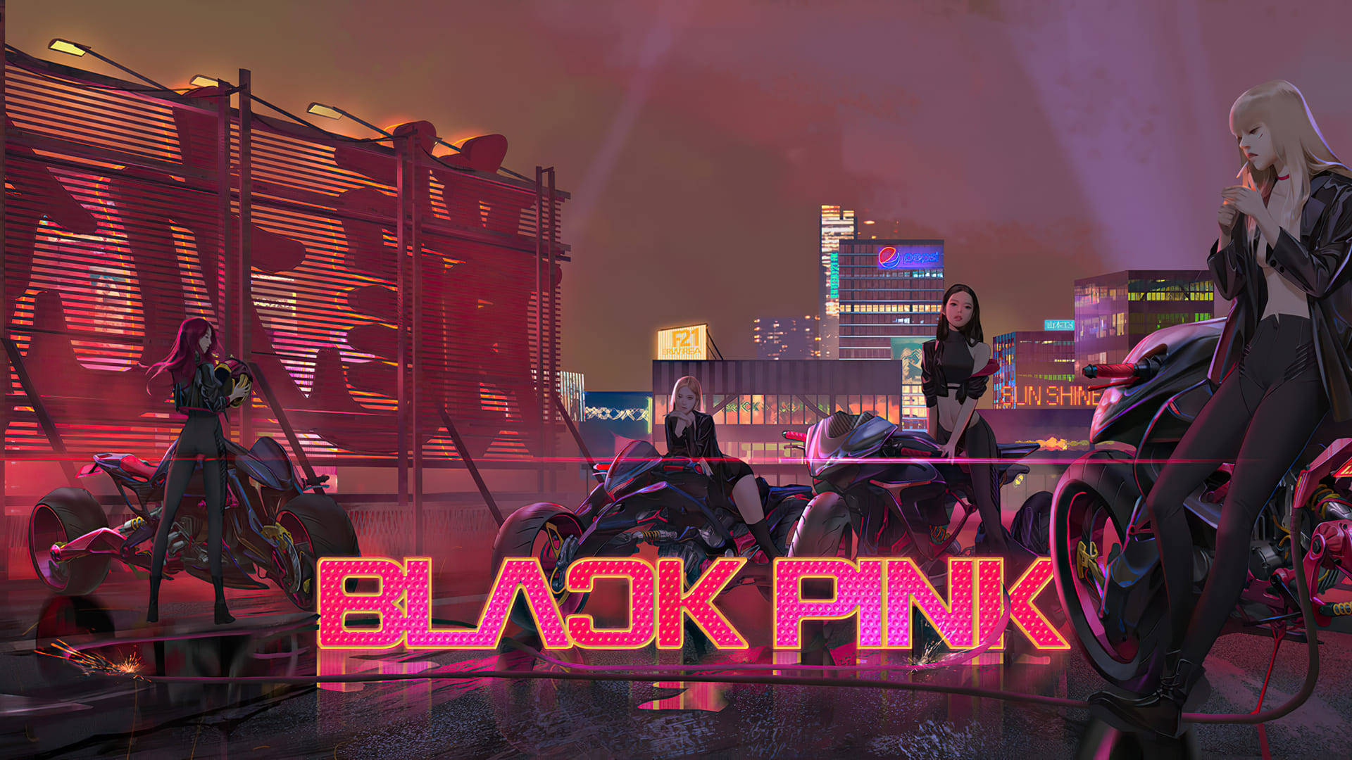 四位動漫女性與摩托車在霓虹燈籠罩的未來城市夜晚。 — Blackpink 壁紙