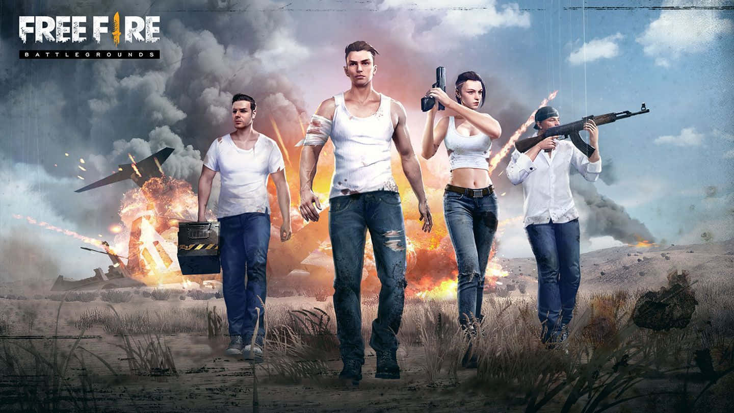 四名武裝遊戲玩家在戰區中，伴隨著爆炸和煙霧。 — Free Fire 壁紙