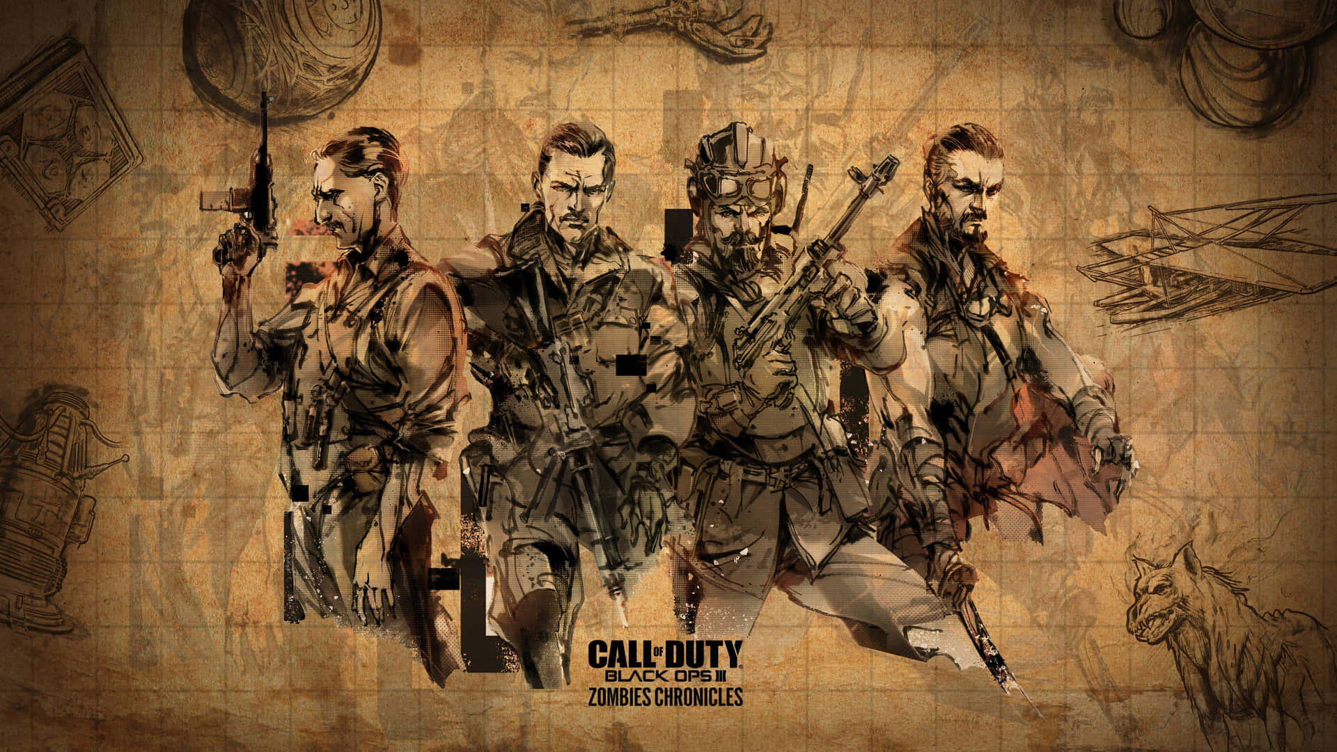 來自《Call of Duty Black Ops II Zombies Chronicles》地圖背景上的四名持械插圖士兵。 — 使命召喚 壁紙