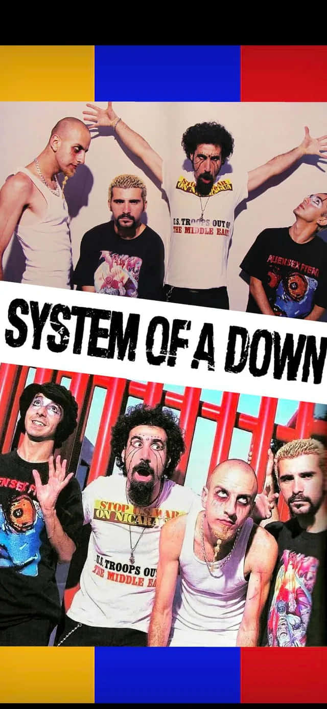  壁紙 — System of a Down 的四位樂團成員在鮮豔原色的醒目幾何背景前充滿活力地擺姿勢。