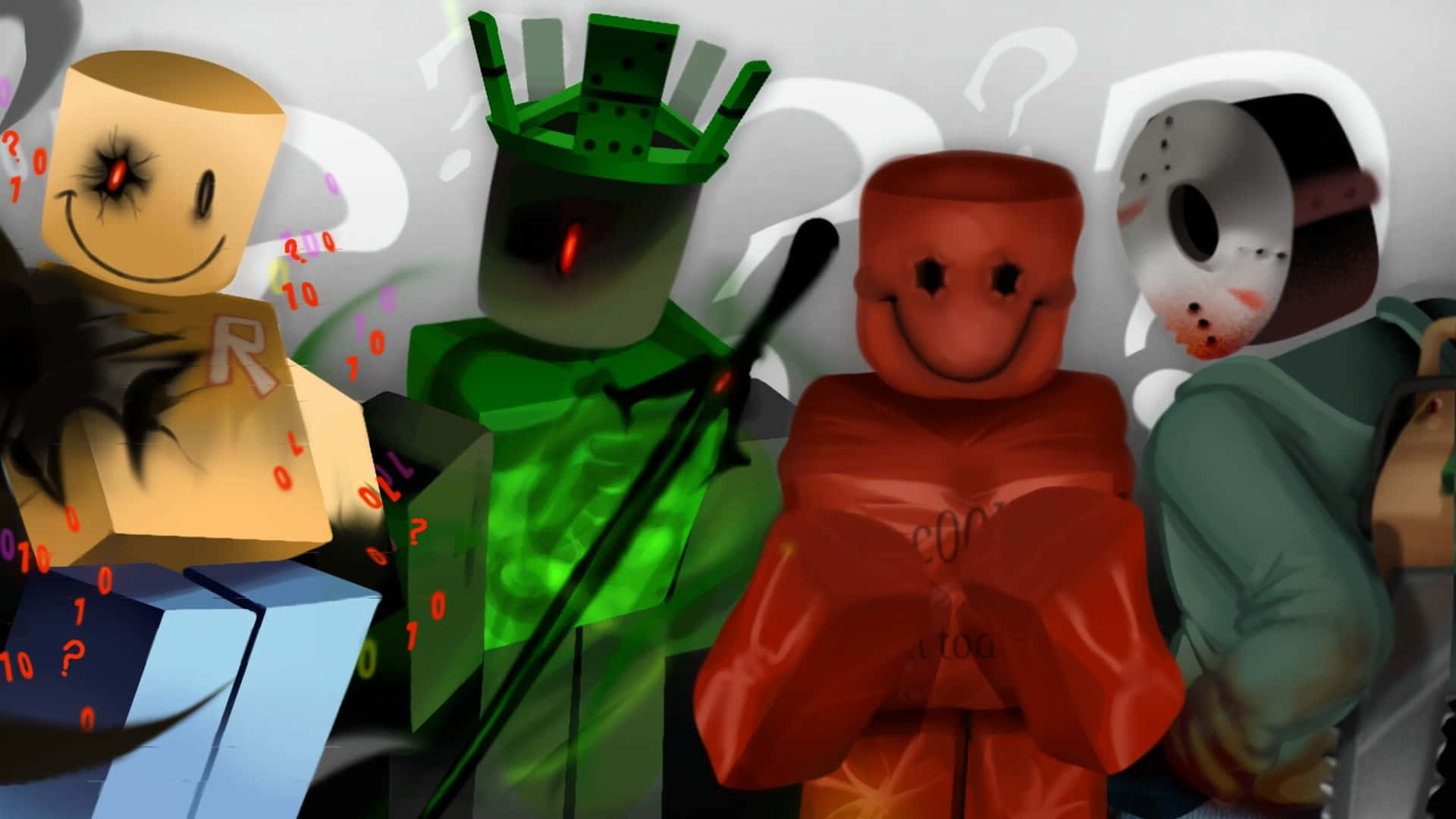  壁紙 — 四個方塊狀的 Roblox 風格角色，帶有詭異的表情和發光的眼睛，站在浮動問號和二進制代碼的背景前。