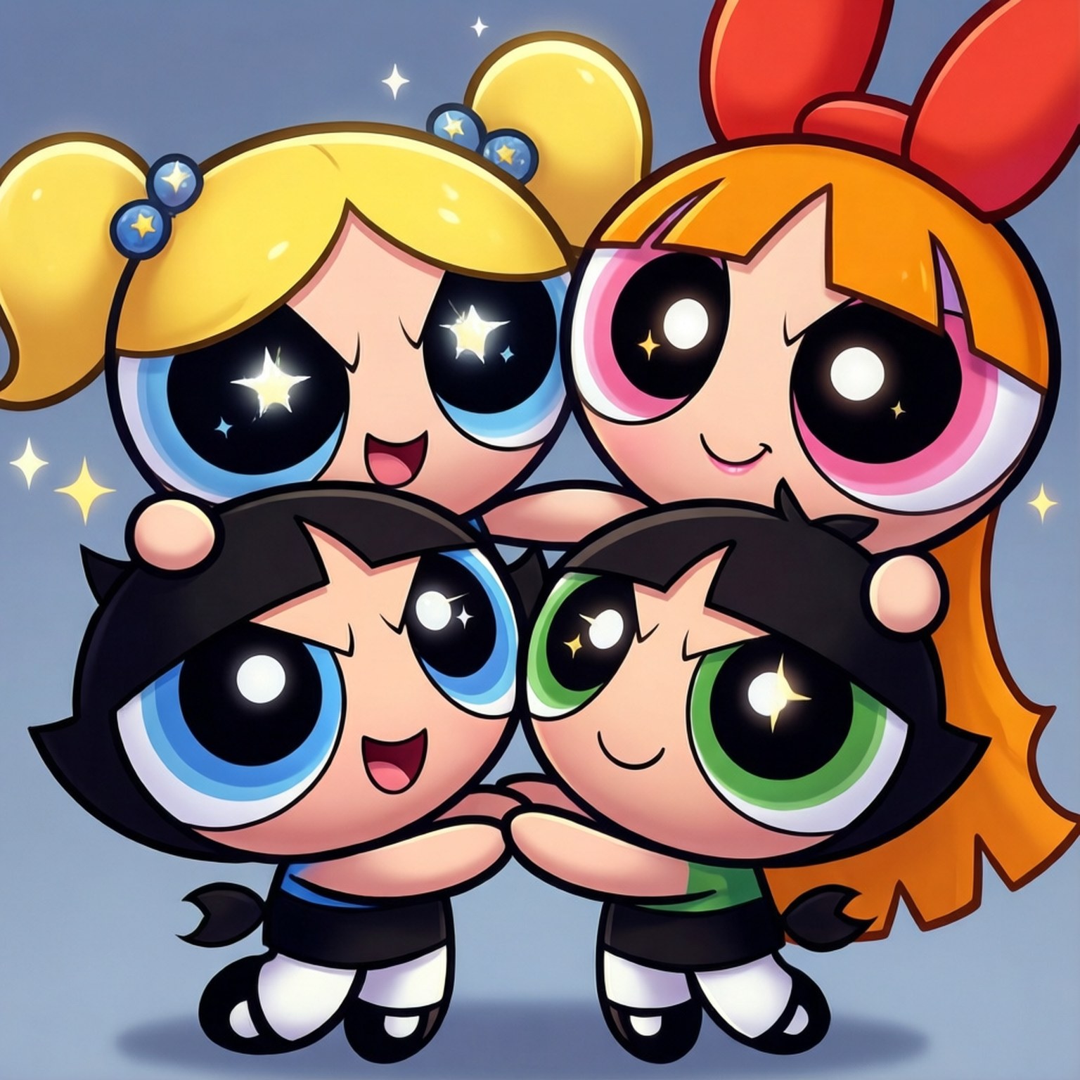 Chibi Powerpuff Hug 壁紙 — 四個卡通女孩，眼睛超大，閃閃發光，在藍色背景前擁抱在一起。