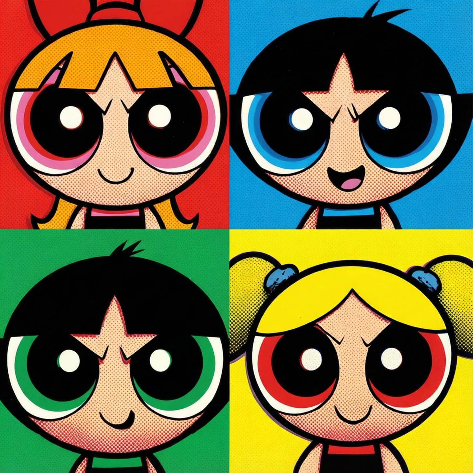 Pop Art Girls 壁紙 — 四個卡通女孩，大眼睛，每個在一個彩色正方形中，紅藍綠黃。