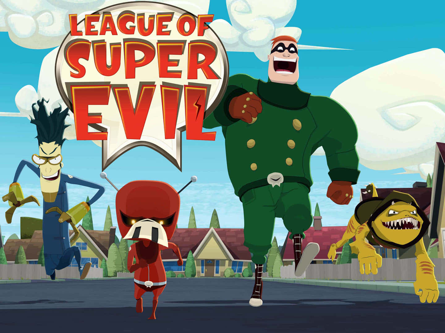 The League Of Super Evil 桌布 壁紙 — 四個色彩繽紛服裝的卡通反派在明亮的藍天下歡快地跑過郊區街道。