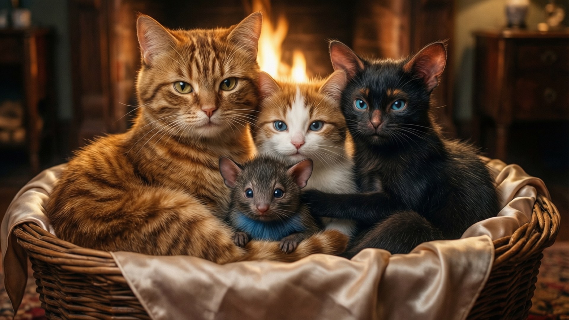Cozy Family Basket 壁紙 — 四隻貓和一隻戴藍色項圈的小囓齒動物在閃爍的壁爐旁，依偎在一個內襯緞子的柳條籃子裡。