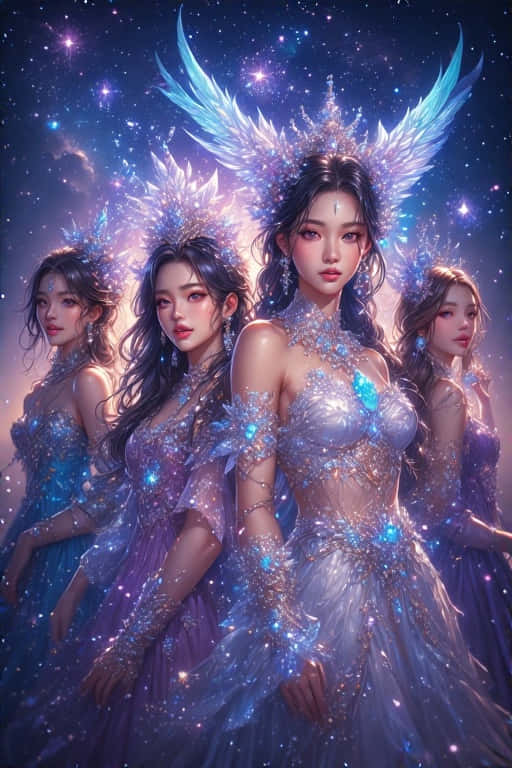 四位有翼人物，身穿閃亮長袍，在星空下 — Blackpink 壁紙