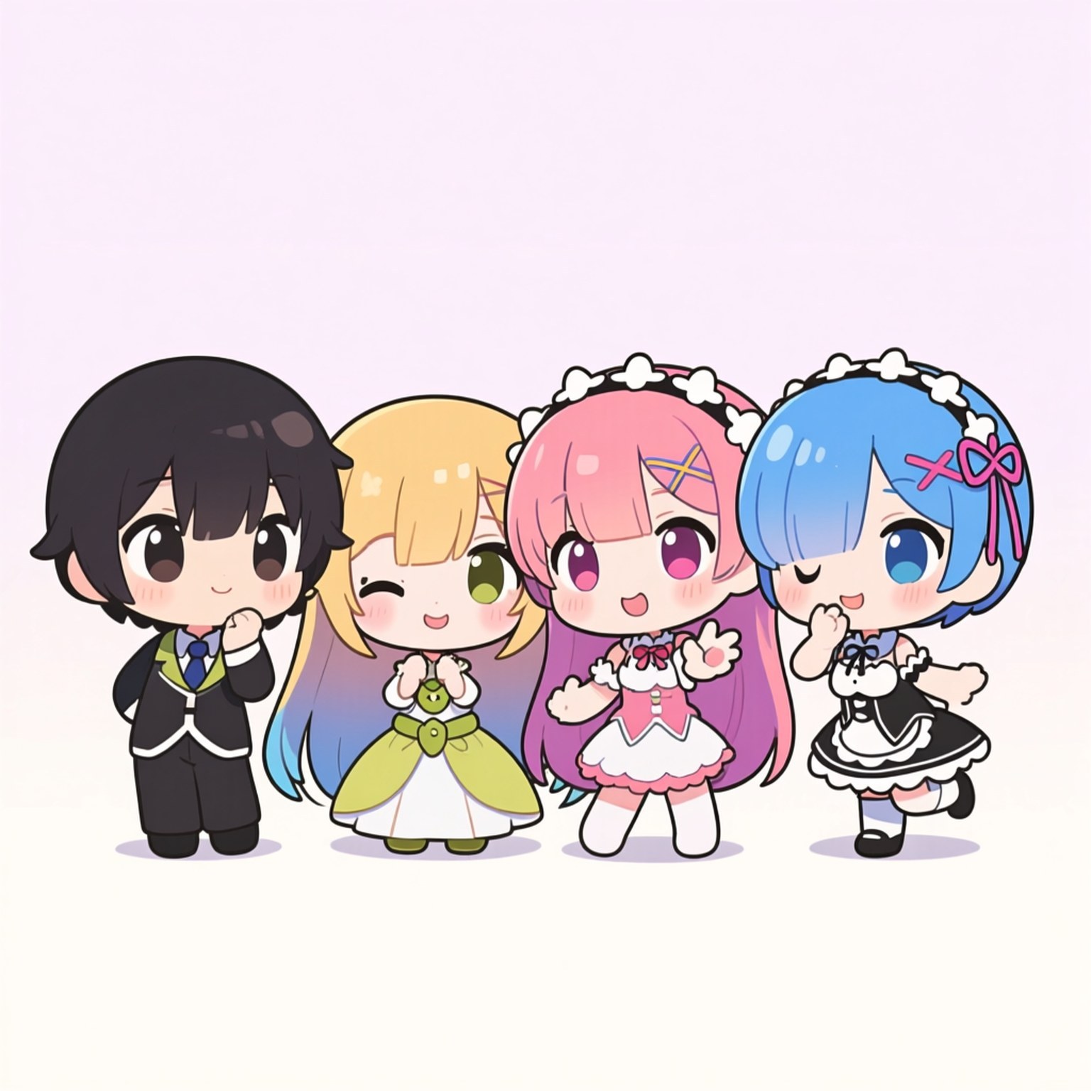 Chibi Fun 壁紙 — 四個Q版動漫角色穿著學校和女僕服裝，在柔和的薰衣草背景前開心地擺姿勢。