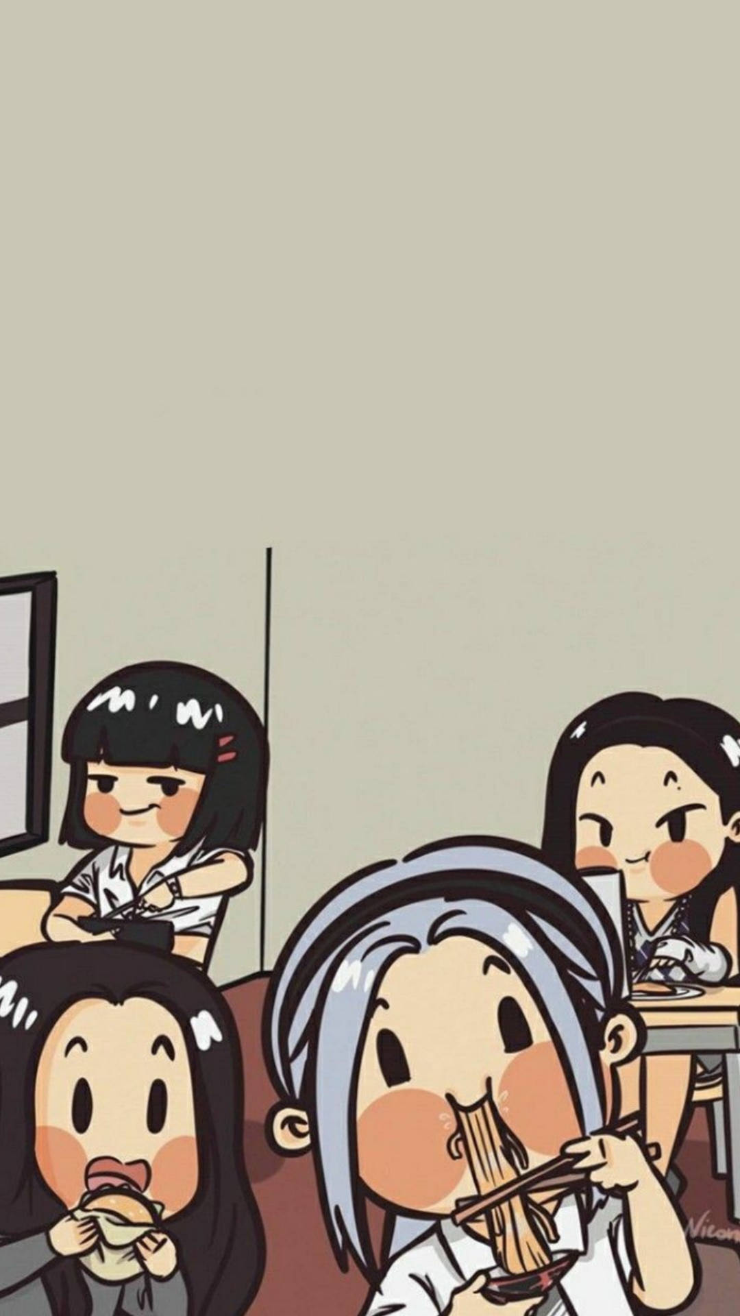 四個可愛動漫女孩在室內一起享受麵條和餃子。 — Blackpink 壁紙