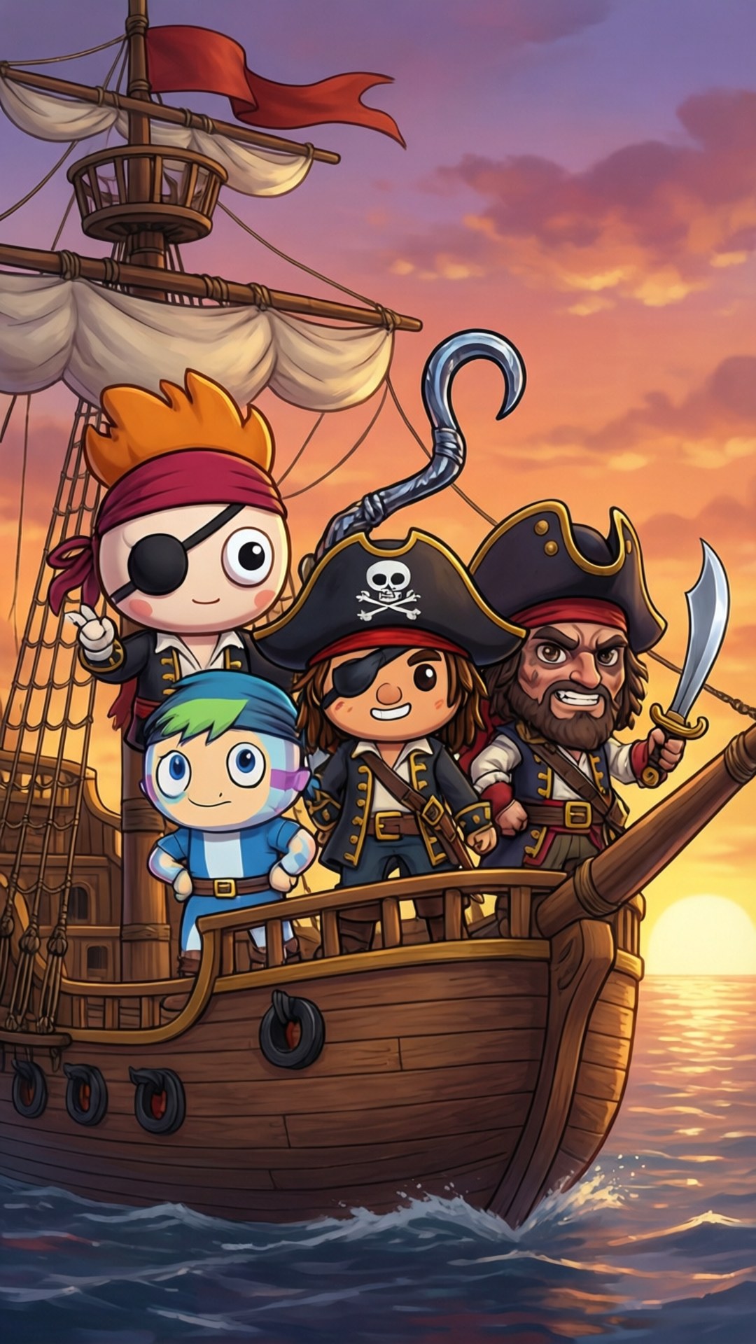 Pirate Crew Chibis 壁紙 — 四個帶眼罩和劍的Q版海盜站在一艘木船上，在日落時分航行，天空橙色，海浪平靜。