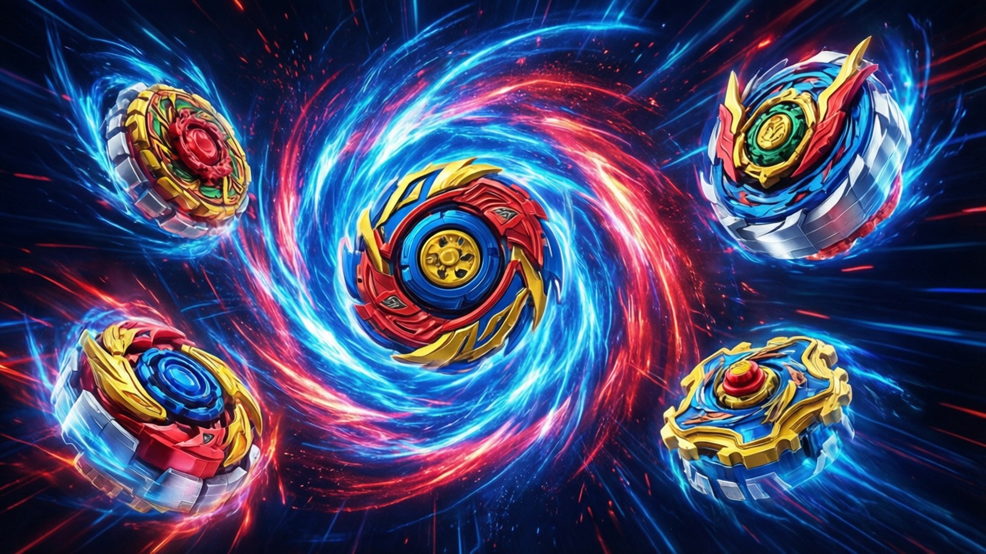 Burst Energy Vortex 壁紙 — 四個色彩繽紛的陀螺在黑暗背景下，於電光藍和火紅能量的鮮豔宇宙漩渦中競速。