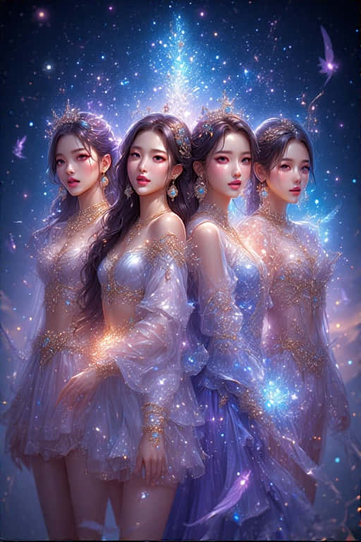 四位身穿發光薰衣草色長裙的女性，在星爆下與蝴蝶一起 — Blackpink 壁紙