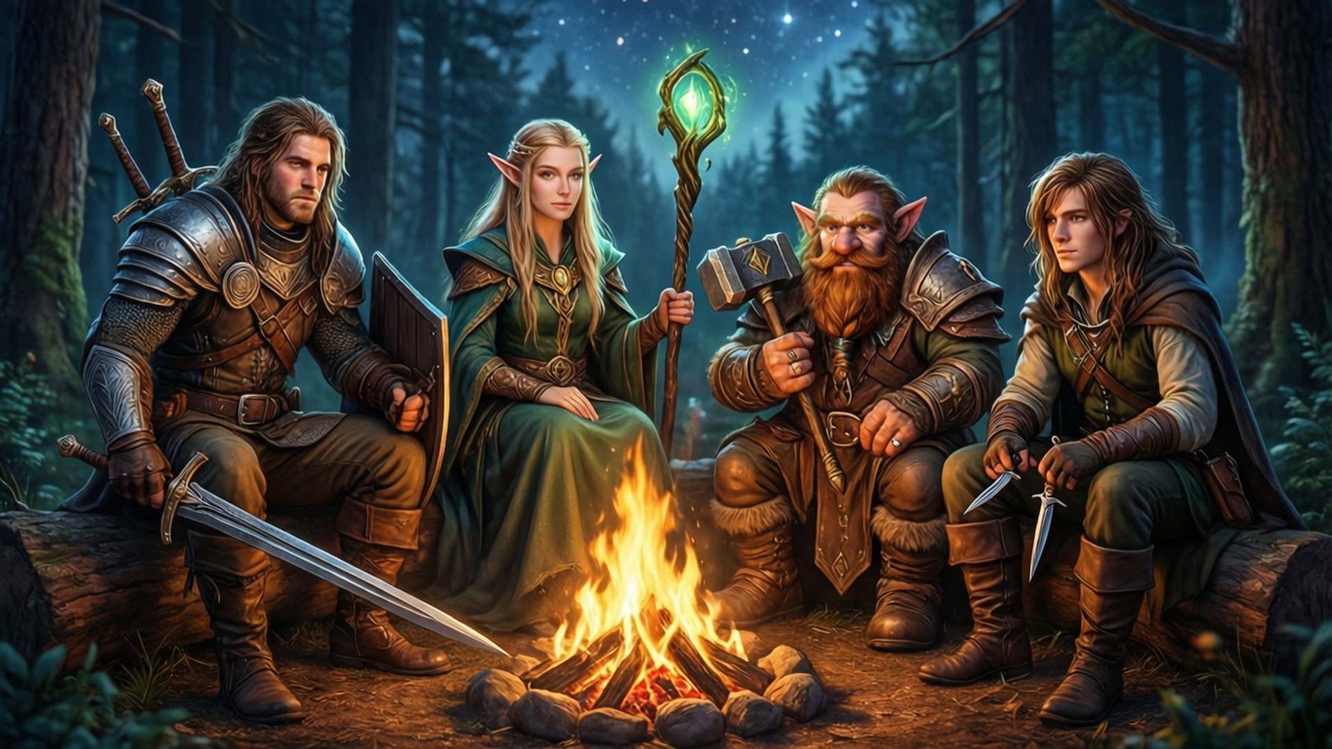 Campfire Companions 壁紙 — 四位身穿盔甲和長袍的奇幻冒險者，在茂密森林中星空下圍著噼啪作響的營火。