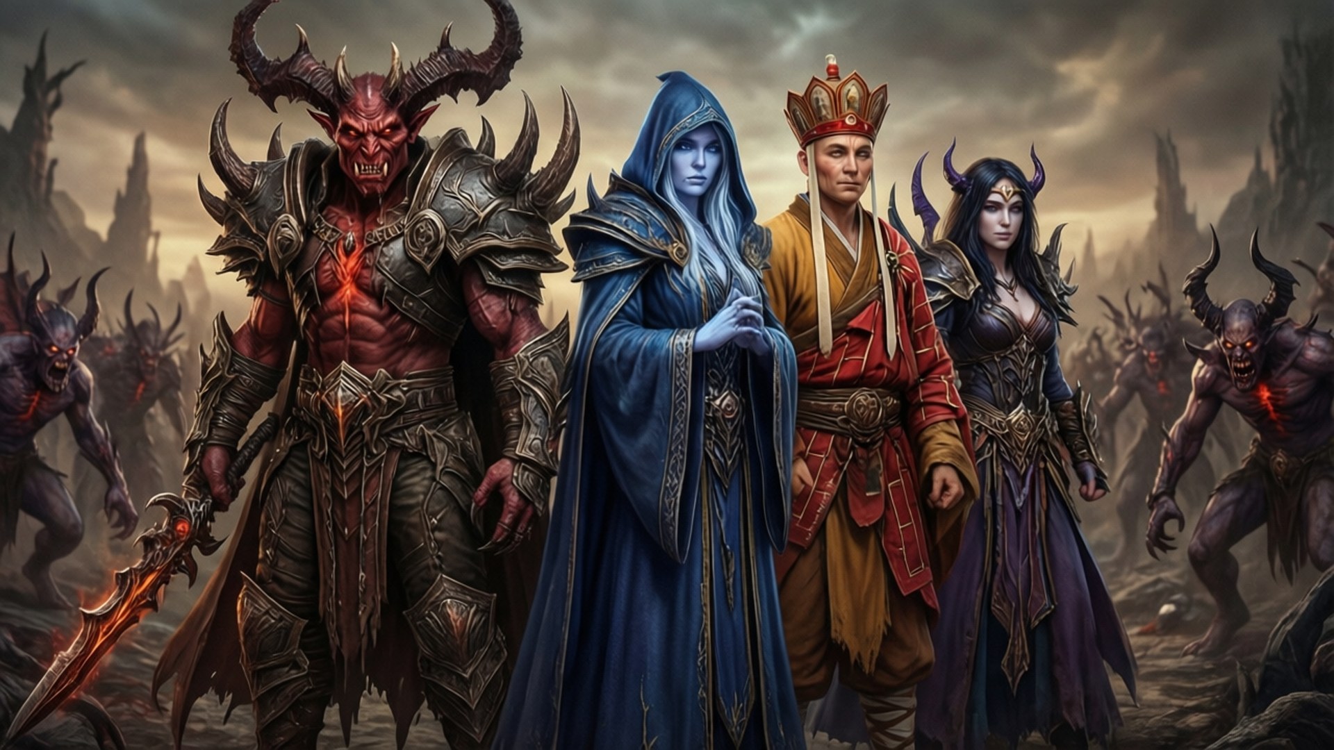 Nephalem Heroes Stand 壁紙 — 四個奇幻角色，包括一個有角的惡魔戰士、一個穿藍袍的法師、一個戴王冠的男人和一個有角的女人，站在風暴肆虐的戰場前，周圍有惡魔爪牙。