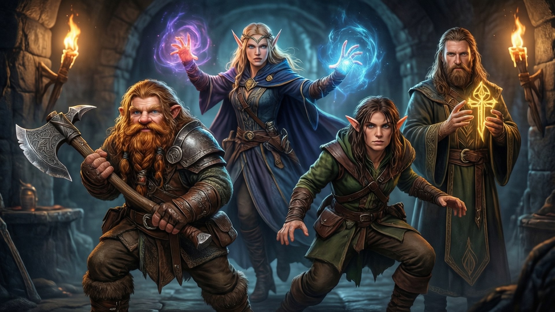 Dungeon Delvers 壁紙 — 四個奇幻精靈站在石頭地牢中，一個揮舞斧頭，另一個施展藍色魔法，第三個拿著發光的符號，第四個準備好火炬。