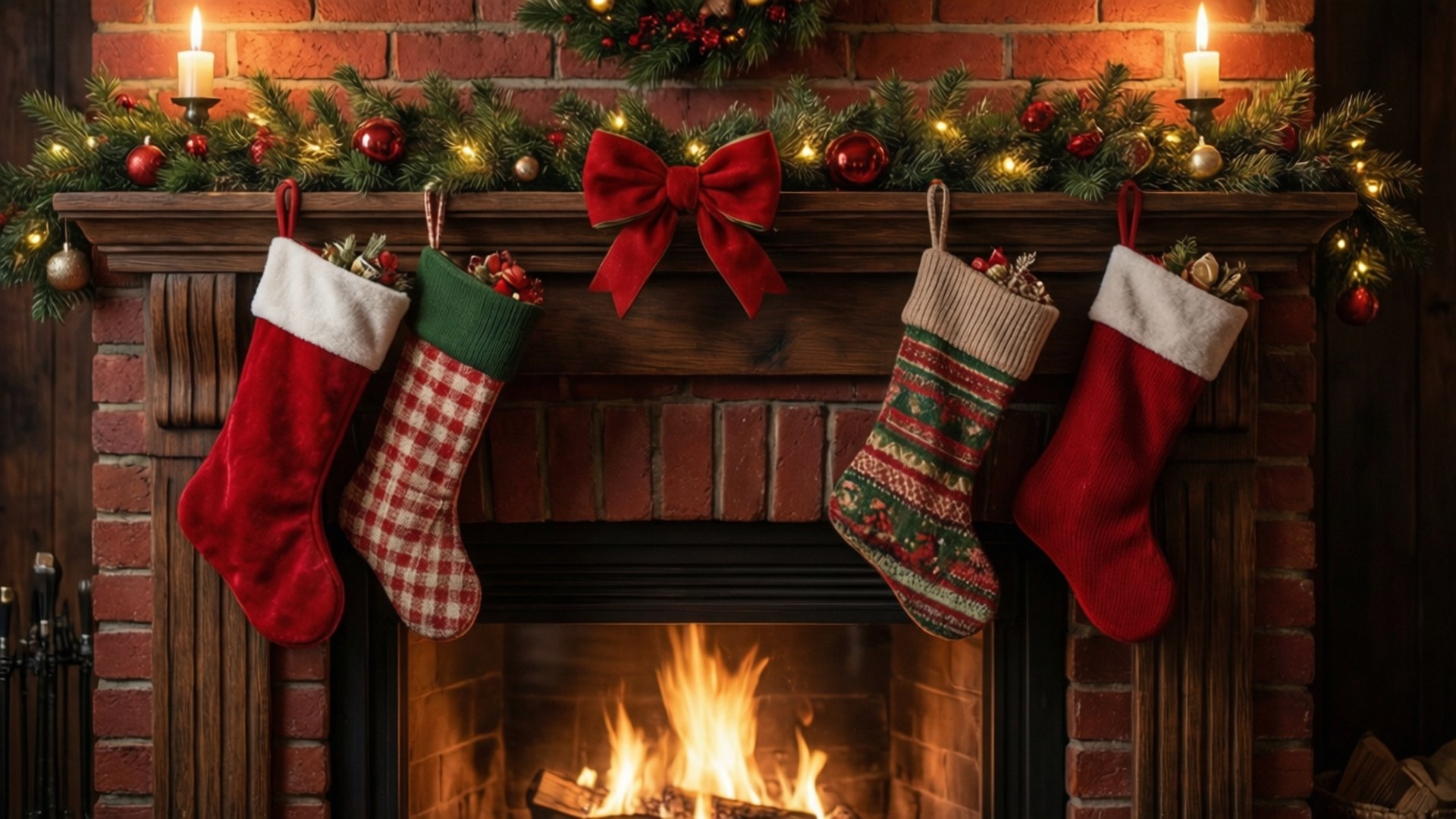 Brick Fireplace Cozy Christmas 壁紙 — 四隻節日長襪掛在木製壁爐架上，下方是噼啪作響的壁爐，裝飾著綠色花環、紅色飾物和發光的蠟燭。