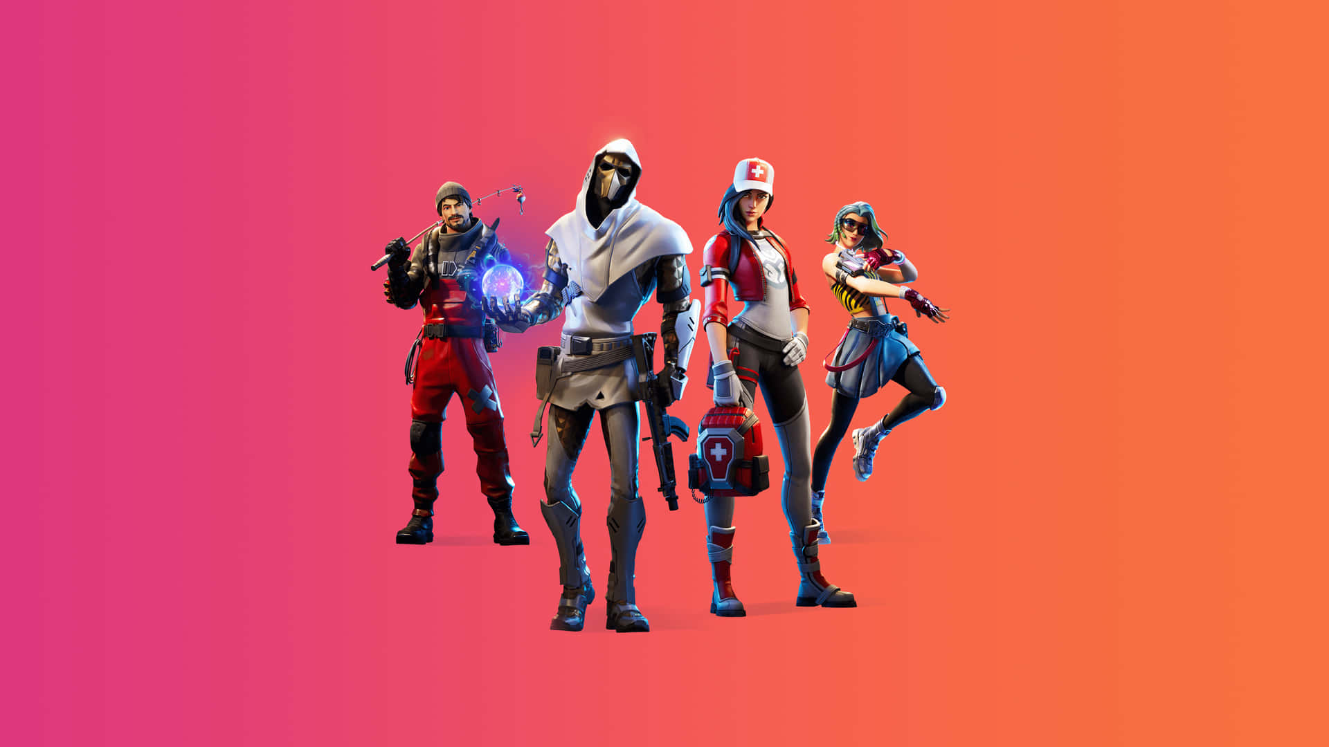  壁紙 — 四個 Fortnite 角色在充滿活力的粉紅到橙色漸變背景前自信地擺姿勢。