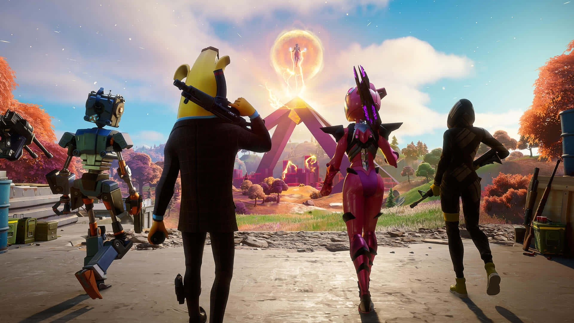 四個Fortnite角色看著一個發光的身影從金字塔結構中出現。 — Fire Emblem Warriors 壁紙