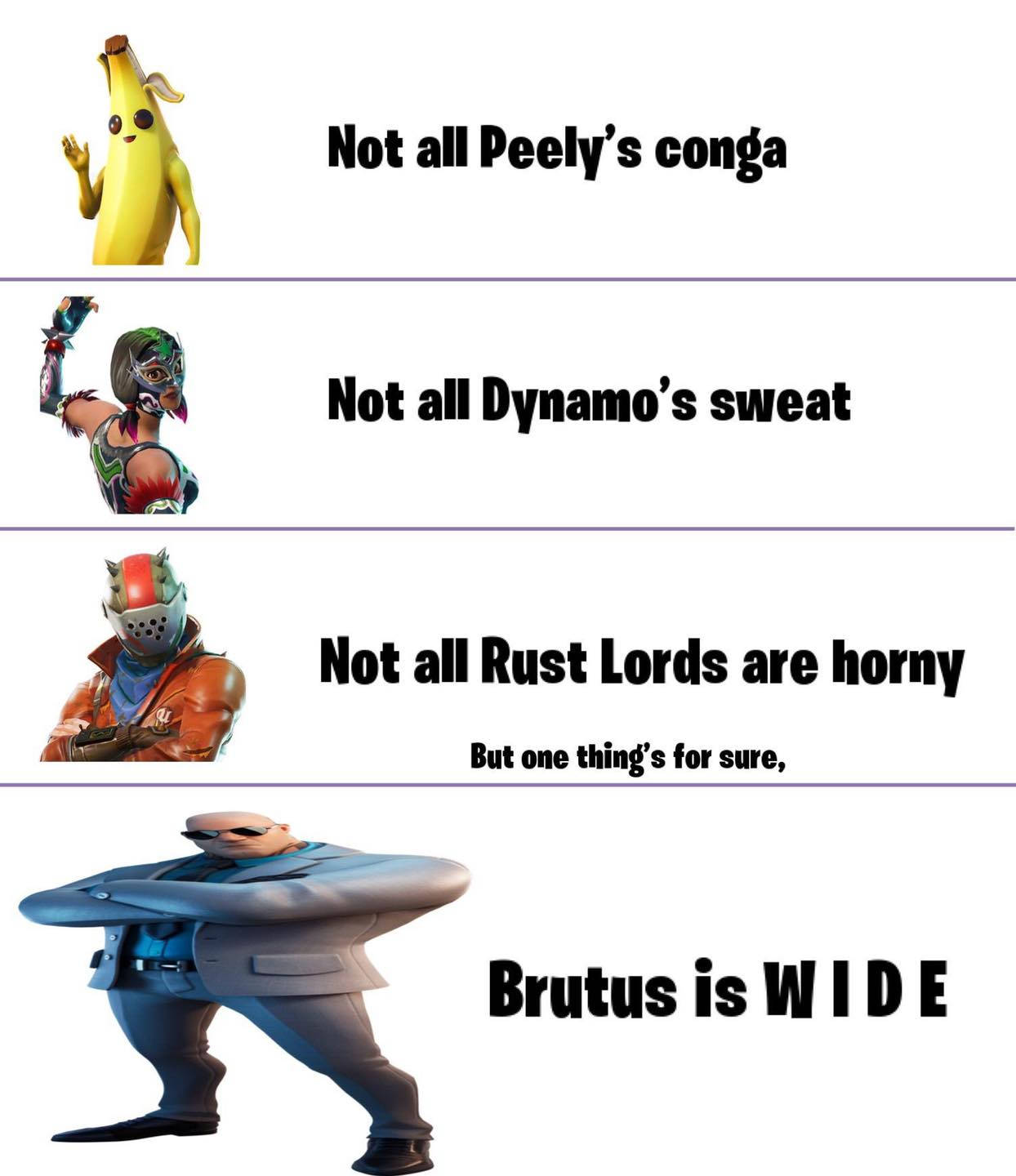 Fortnite角色在一個迷因中，帶有關於Peely Dynamo Rust Lords和Brutus很寬的文字笑話。 — Fortnite 壁紙