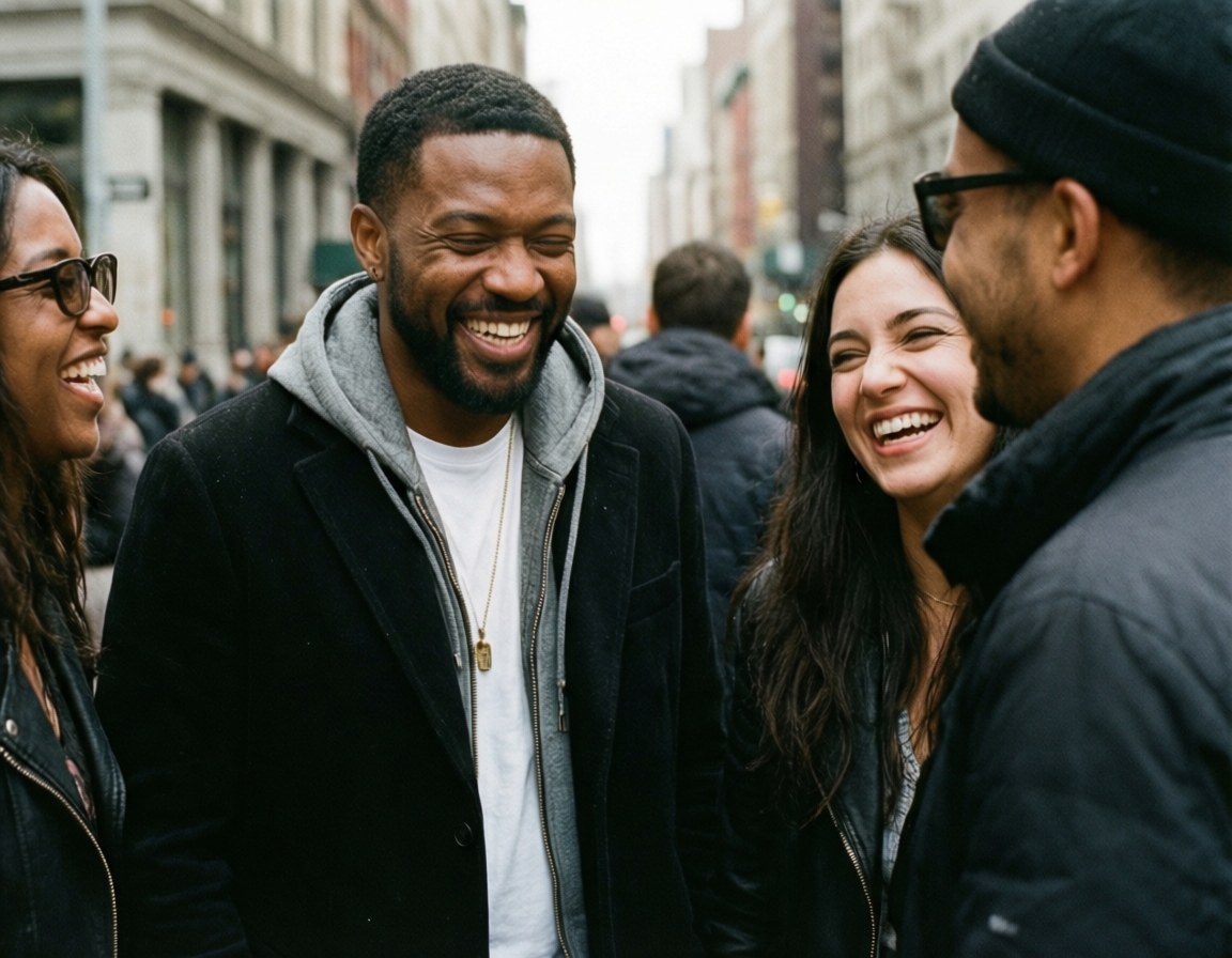 Candid Smile Usher 壁紙 — 四位朋友在繁華的城市街道上一起大笑，他們的喜悅透過城市背景散發出來。