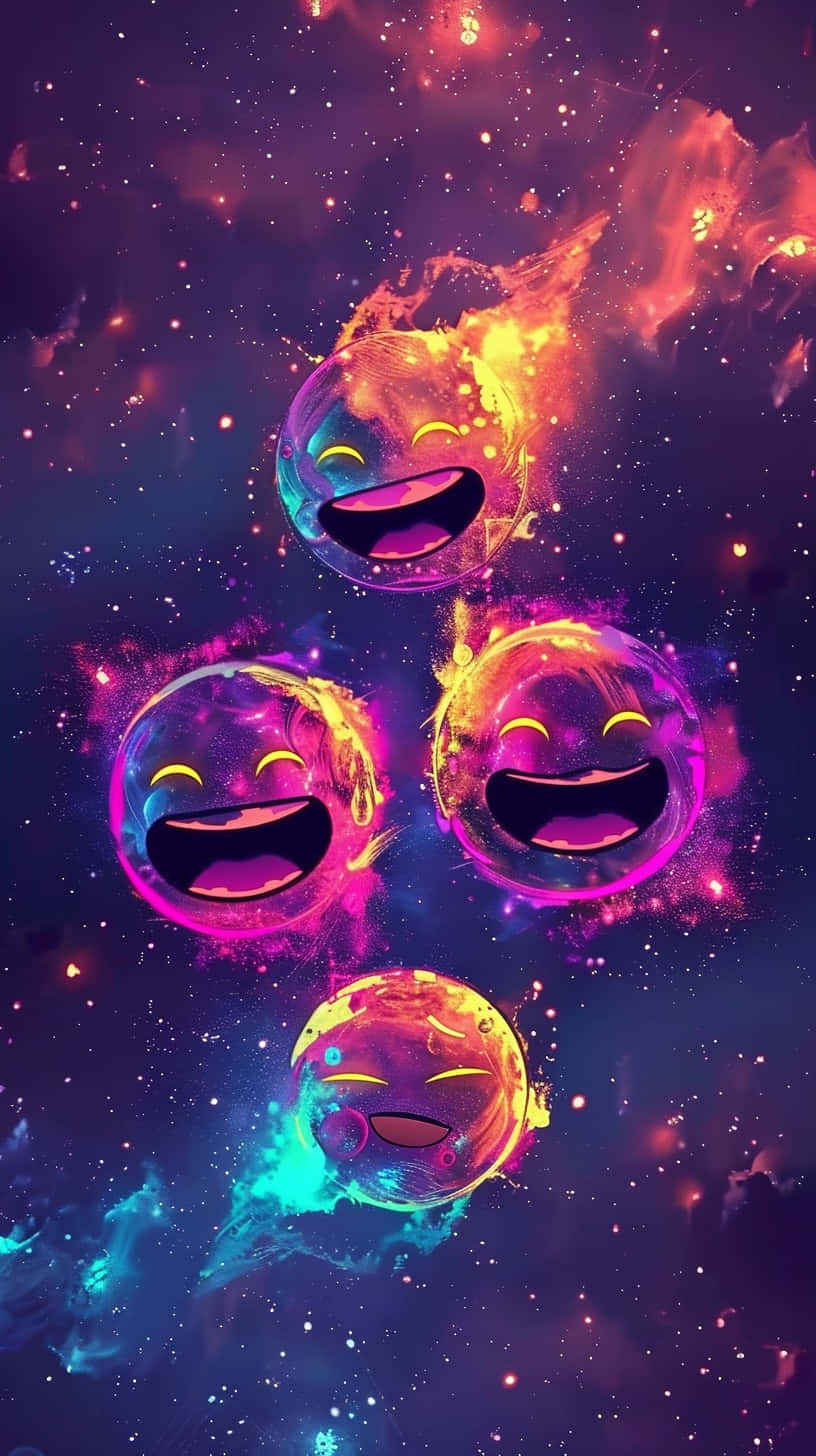  壁紙 — 四個發光大笑的表情符號球體漂浮在充滿活力的宇宙星雲和閃爍星星之間，構成超現實的太空場景。