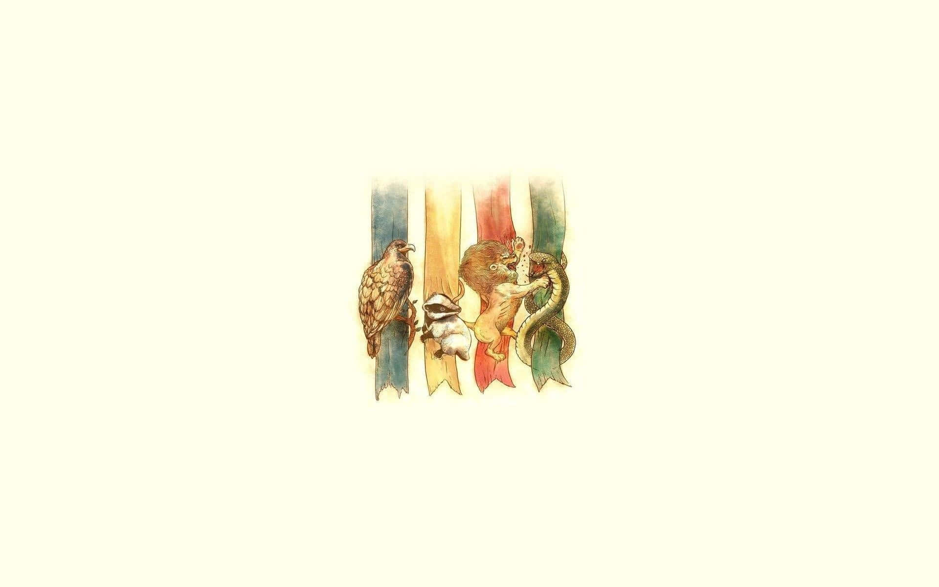  壁紙 — 四個霍格華茲學院吉祥物繪製在彩色橫幅上，背景為奶油色。
