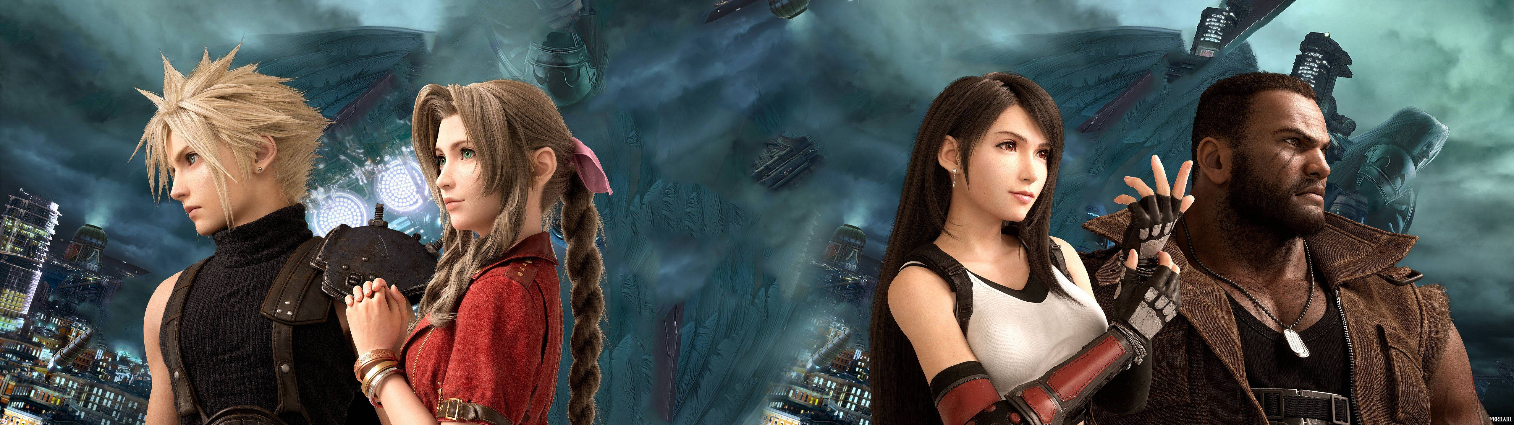 暴風雨天空下，黑暗未來城市中的四個Final Fantasy VII角色。 — 最終幻想 壁紙