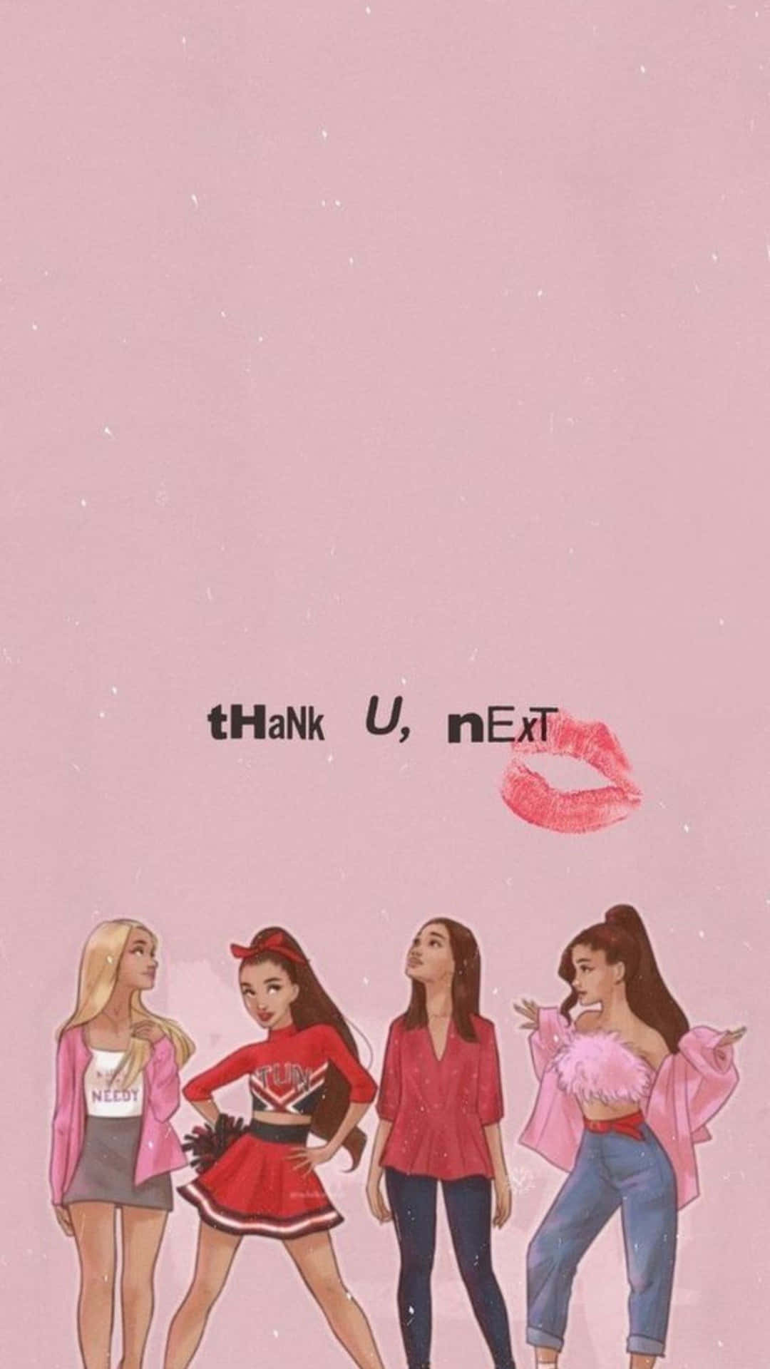 壁紙 — 四個粉紅色調的插圖女性人物站在文字「tHAnk U, nExT」和一個紅色唇印下方。