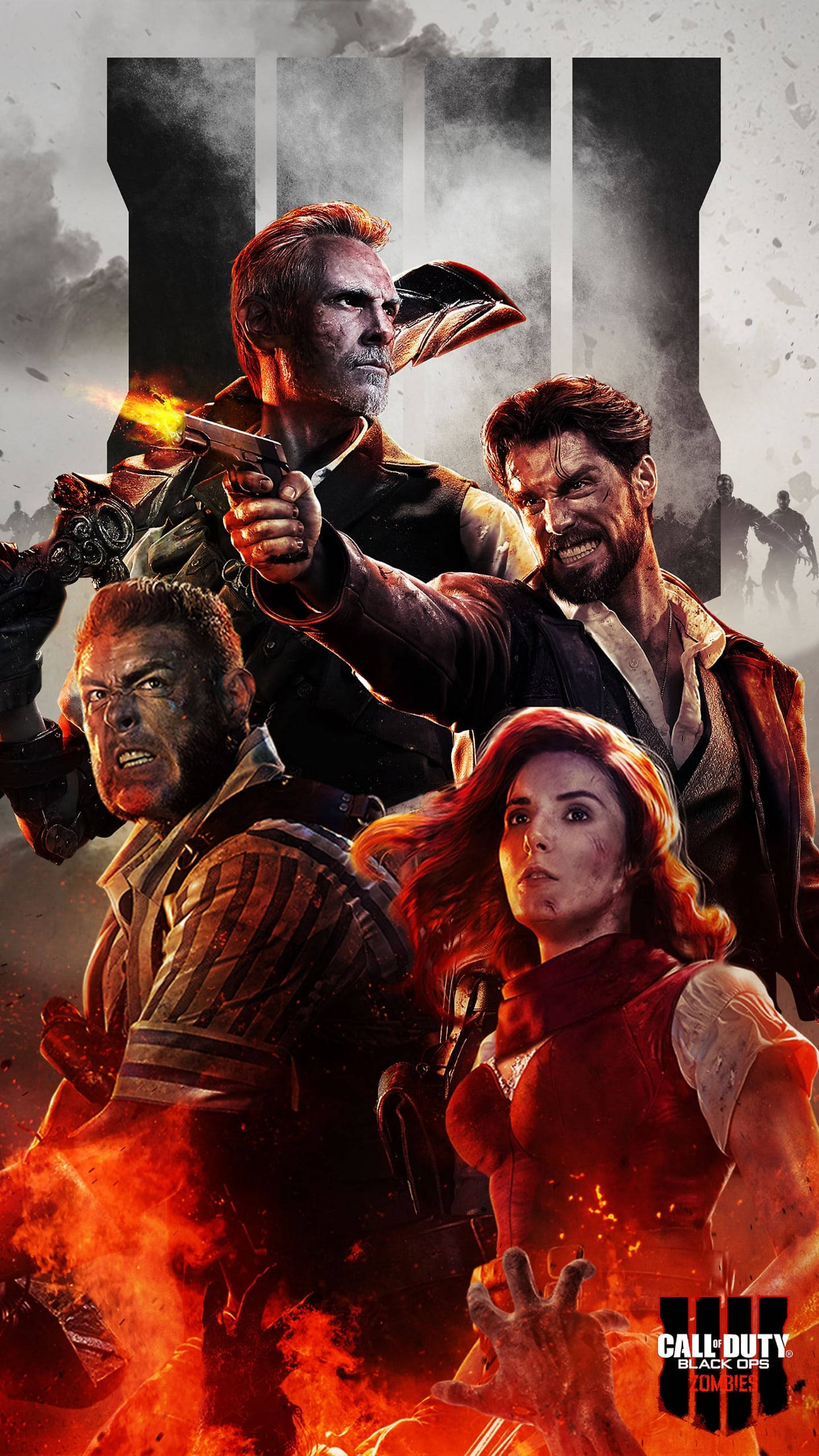 使命召喚 桌布 壁紙 — 《Call of Duty Black Ops 6》中，四名士兵在火光熊熊的戰場場景中，配合戲劇性的燈光和煙霧。