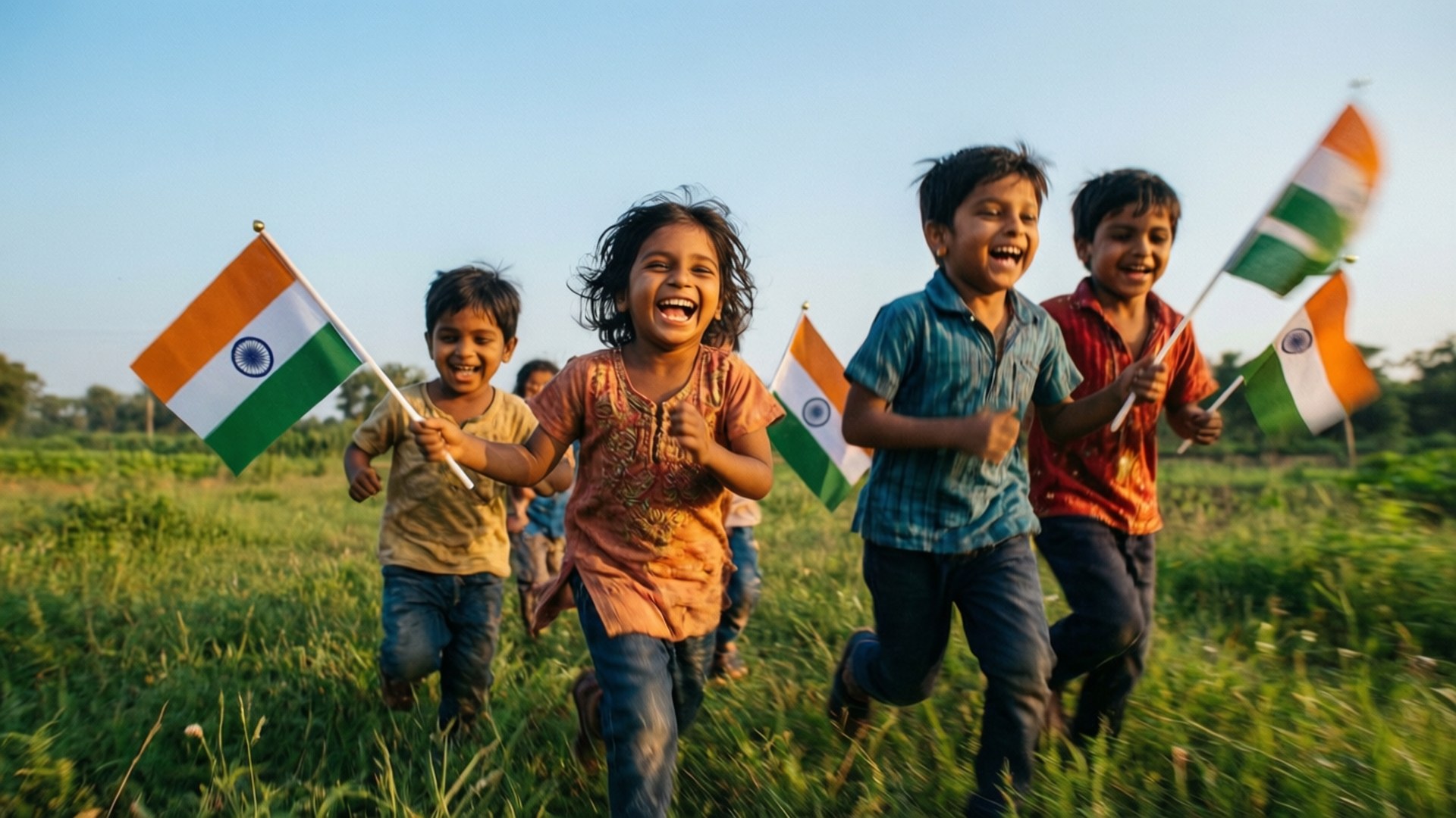 Children with Flags 壁紙 — 四個快樂的印度小孩在陽光明媚的草地上奔跑，揮舞國旗，發出無拘無束的笑聲。