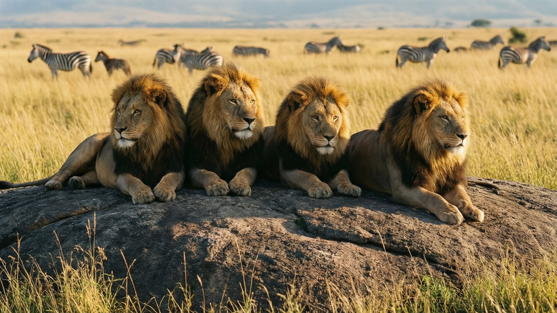 Lion Pride on Kopje 壁紙 — 四頭雄獅長著濃密鬃毛，在金色草原的一塊大岩石上威嚴地休息，遠處斑馬在柔和陽光下吃草。