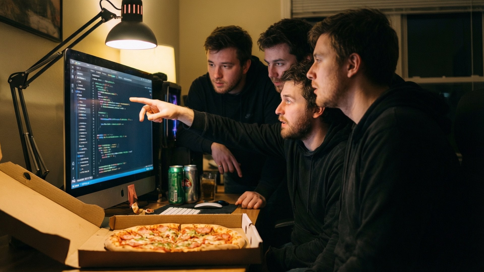 Late Night Coding 壁紙 — 四個穿著深色連帽衫的男人圍在一個發光的顯示器旁，顯示器上顯示著程式碼，他們在昏暗的房間裡吃著披薩。