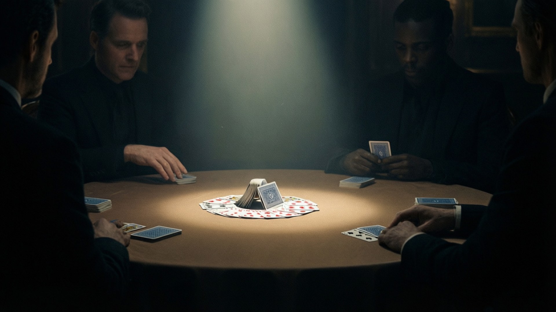 Shadow Game 壁紙 — 四位身穿西裝的男子在昏暗的房間中，於單一聚光燈下打牌，形成戲劇性的陰影。