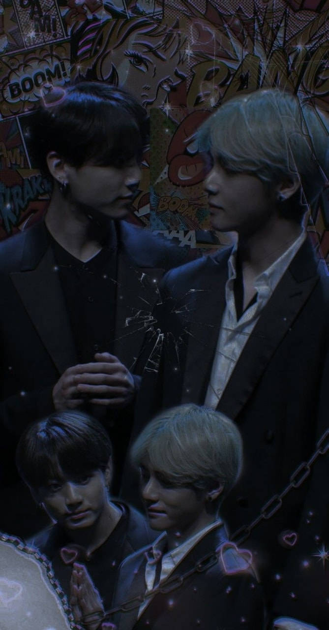 四個穿西裝的男人，漫畫書背景，發光的心形和鎖鏈。 — Jungkook 壁紙