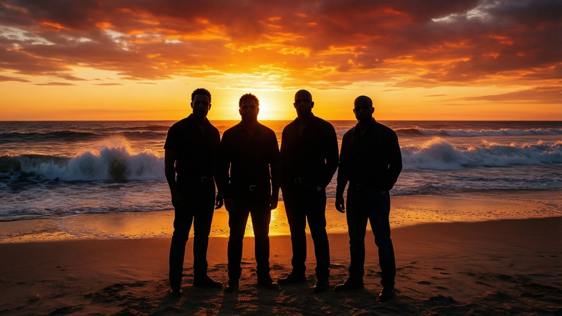 Beach Sunset Silhouette 壁紙 — 四個男人在日落時分以剪影站在沙灘上，身後有火紅的橙色雲彩和拍岸的浪花。