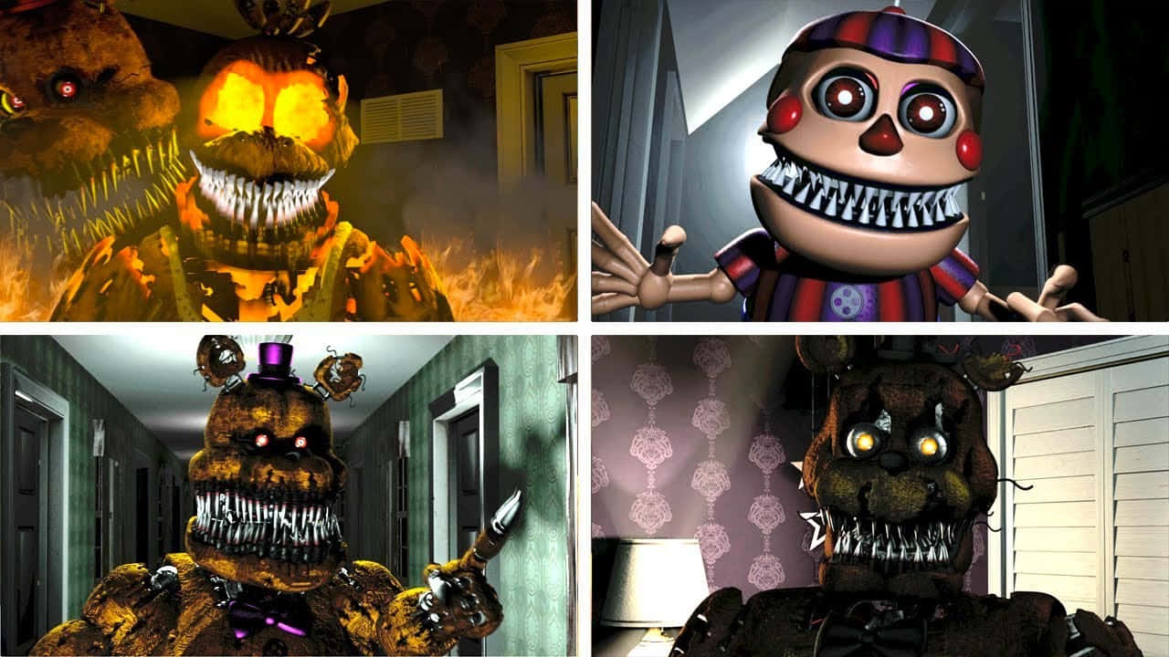 佛萊迪餐館之五夜驚魂 桌布 壁紙 — Four menacing animatronic characters from Five Nights at Freddy's loom in dimly lit, eerie indoor settings with glowing eyes and sharp teeth.