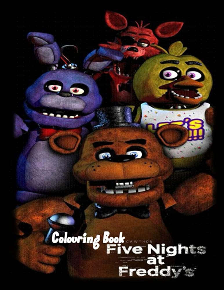 佛萊迪餐館之五夜驚魂 桌布 壁紙 — Five Nights at Freddy's 的四個威脅性機械人角色，睜大眼睛，露出尖牙，在黑色背景下凝視。