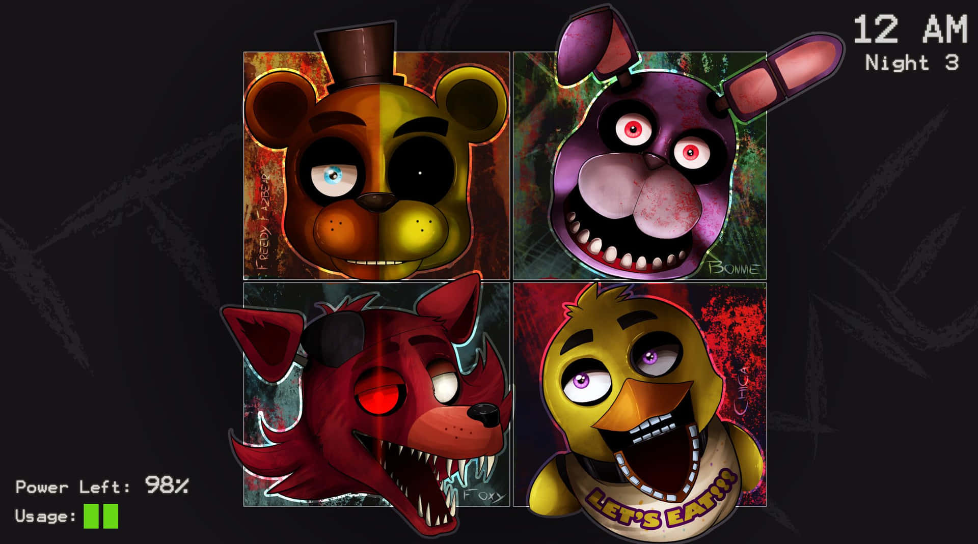 佛萊迪餐館之五夜驚魂 桌布 壁紙 — Five Nights at Freddy's 的四個威脅性機械頭顱在黑暗背景下以發光的眼睛凝視。