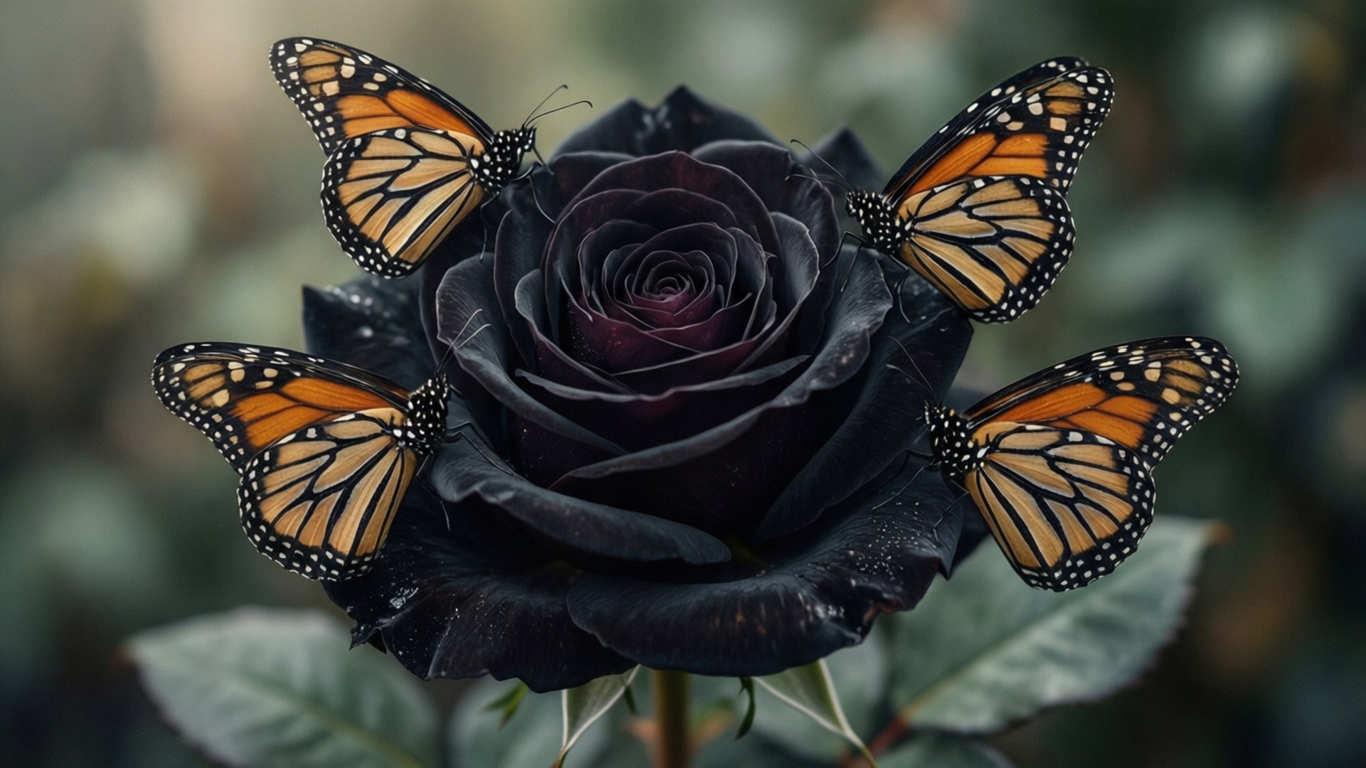 Butterfly Rose 壁紙 — 四隻帶有橙色和黑色翅膀的帝王蝶，輕輕停在一朵帶有露珠的深黑色玫瑰上。