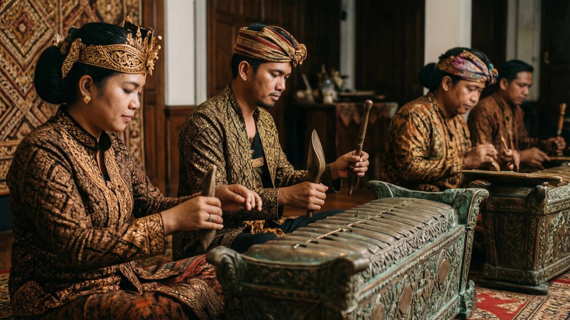 Gamelan Orchestra Performance 壁紙 — 四位身穿華麗傳統服飾的音樂家在裝飾華麗的房間裡演奏複雜的甘美蘭樂器。