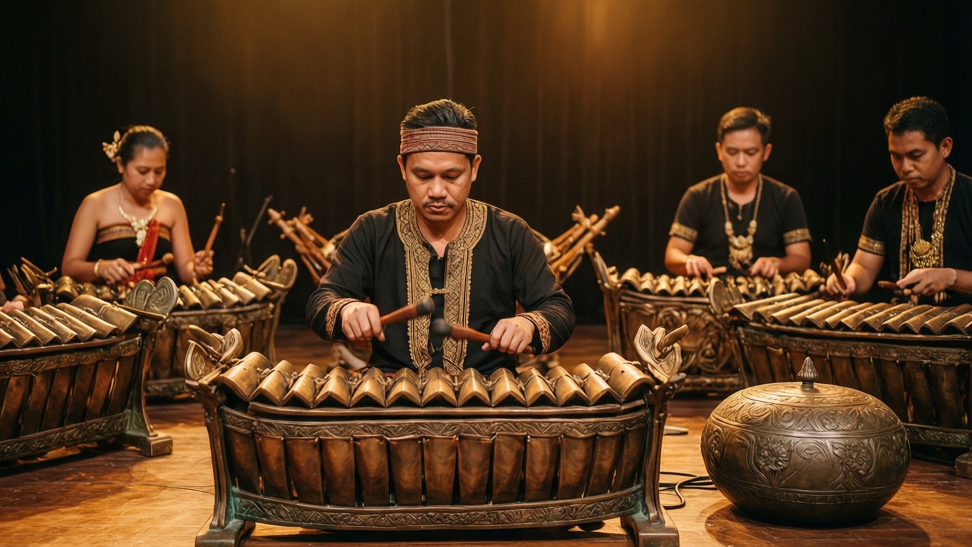 Gamelan Music Ensemble 壁紙 — 四位穿著傳統服飾的音樂家在溫暖的舞台燈光下演奏華麗的青銅甘美蘭樂器。