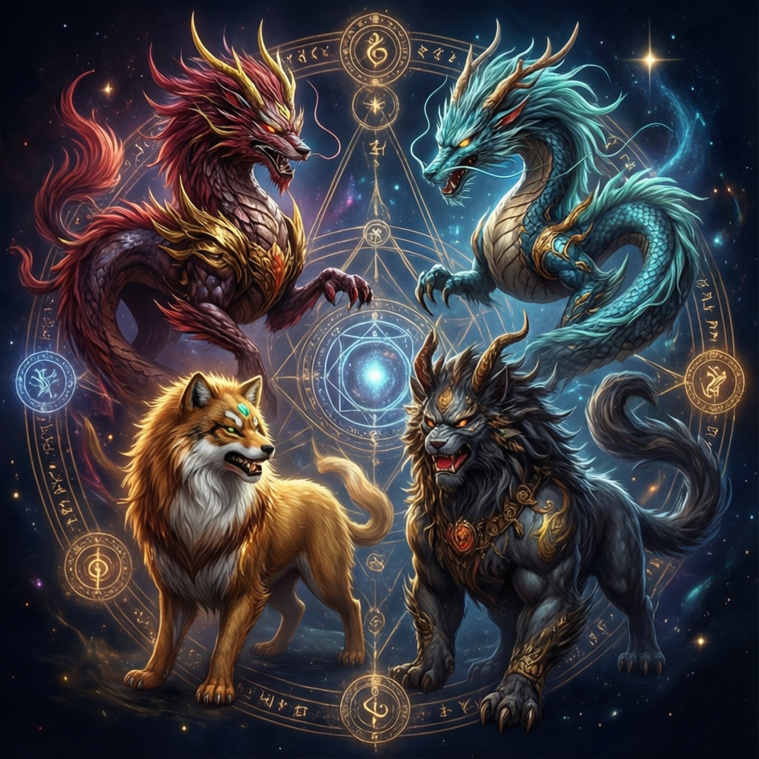 Four Beasts Circle 壁紙 — 四隻神話野獸，一隻火紅色的龍、一隻青色的龍、一隻金色的狼和一隻黑色的獅子，站在一個發光的天體圓圈周圍，背景是星空宇宙。