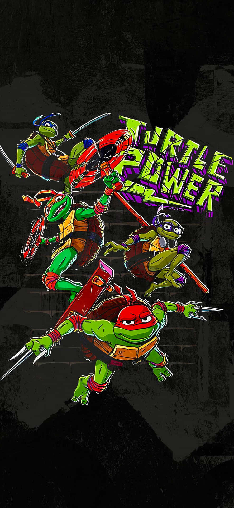  壁紙 — 四隻忍者龜在粗糙的深色背景上動態跳躍，並帶有粗體「Turtle Power」文字。