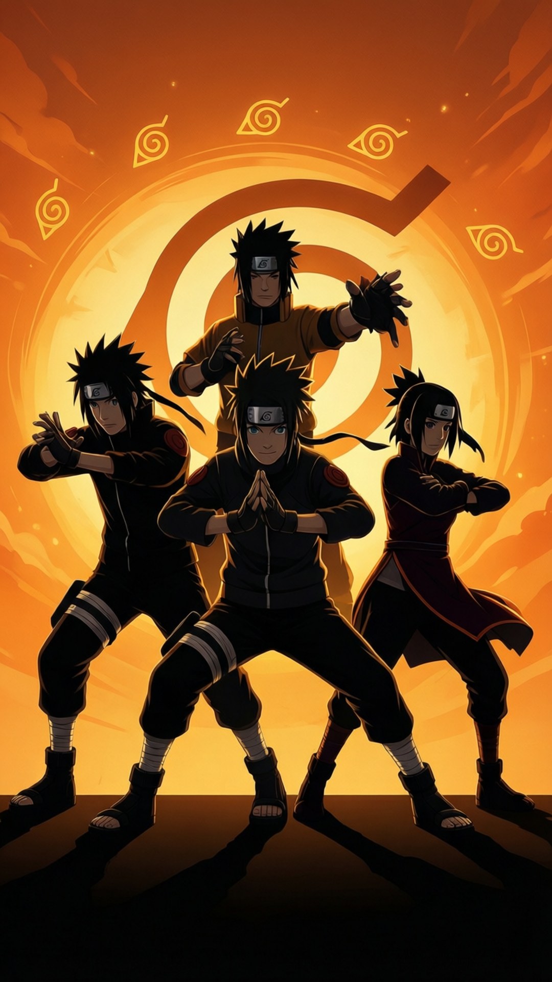 Team 7 Silhouette 壁紙 — 四名身穿黑色制服的忍者戰士，以動態戰鬥姿勢站立，背景是發光橙色螺旋和旋轉的樹葉村標誌。